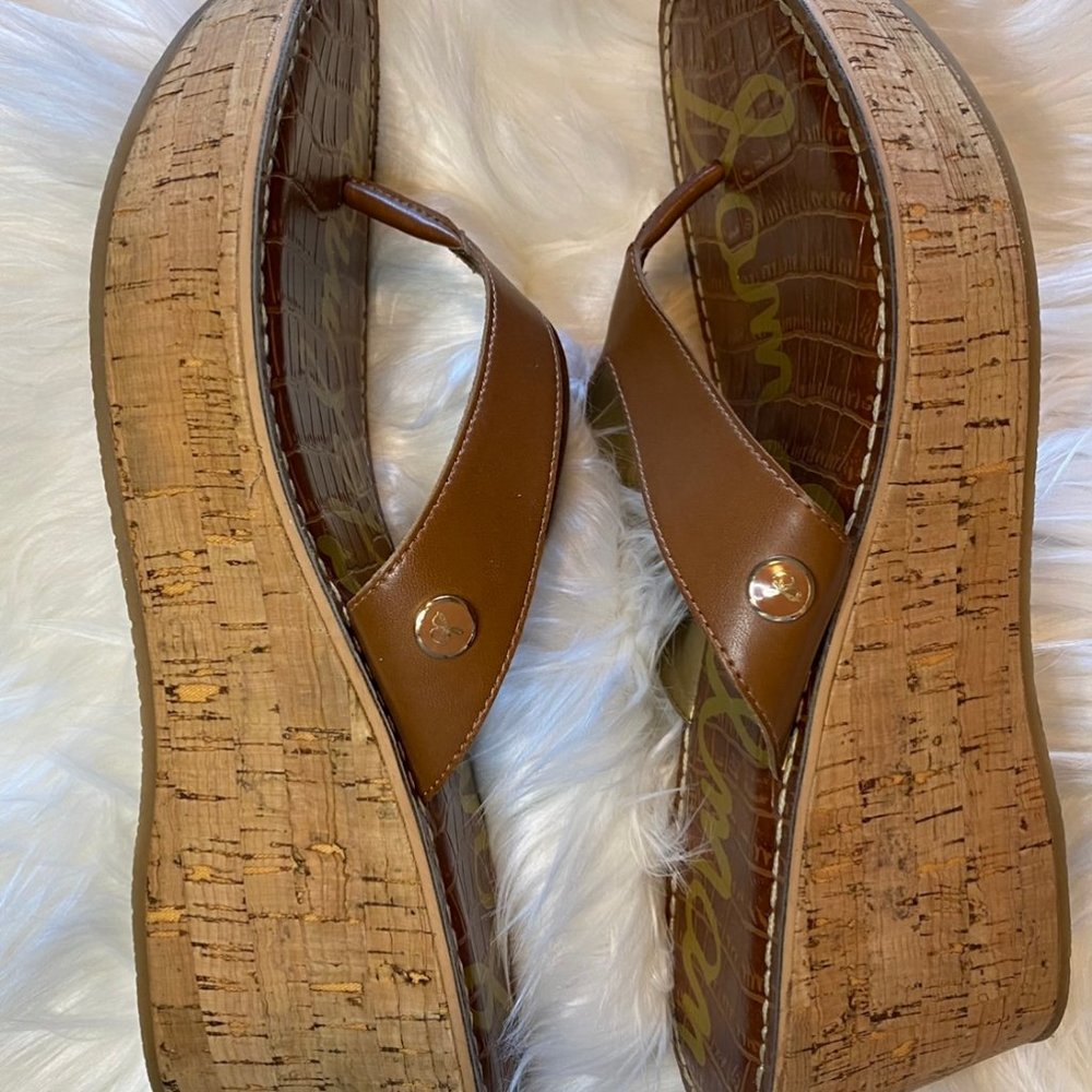 Sam Edelman Cognac Brown Romy Cork Wedge Thong Sandals Size 9 - Picture 6 of 8